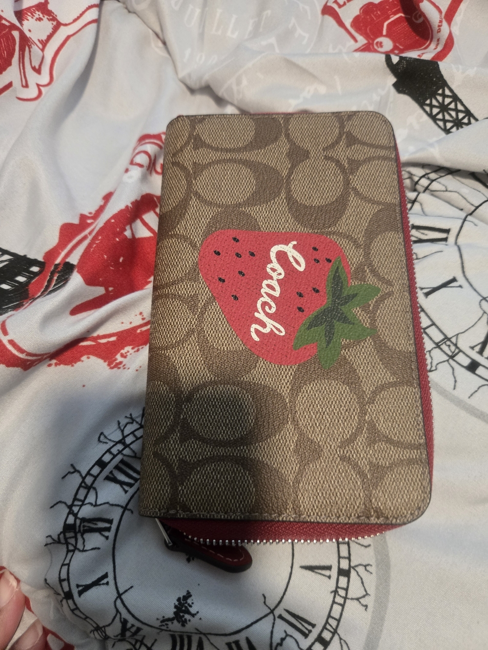 Coach Signature Canvas Strawberry Zip Wallet - Brown & Red